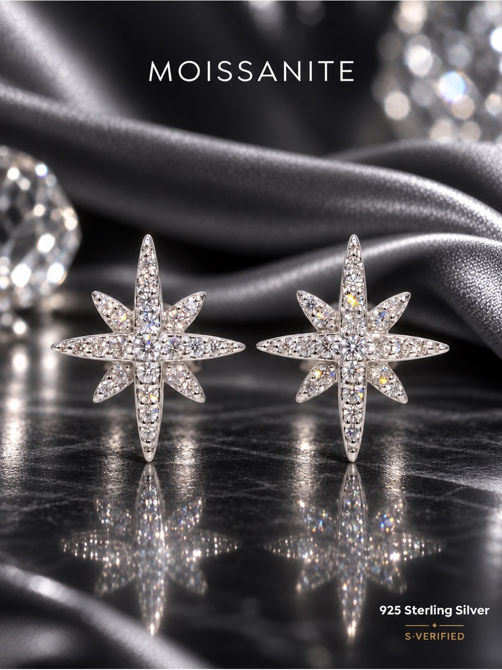 North Star Moissanite Stud Earrings 925 Sterling Silver Holiday Gift